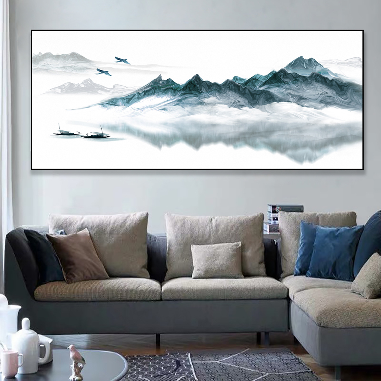 客厅装饰画现代简约轻奢沙发背景墙挂画三联山水画招财风水壁画