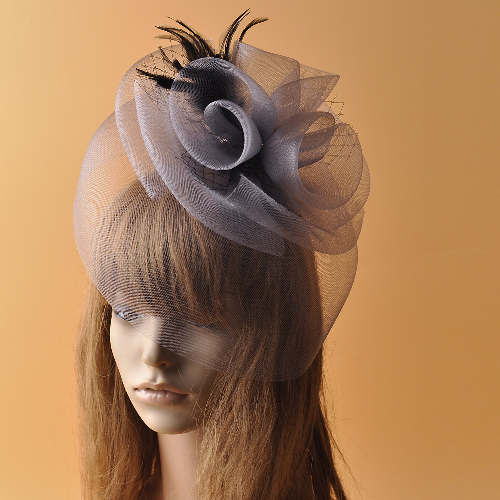 欧美灰色网纱羽毛礼帽手工头花新娘头饰赛马会发饰fascinator批发