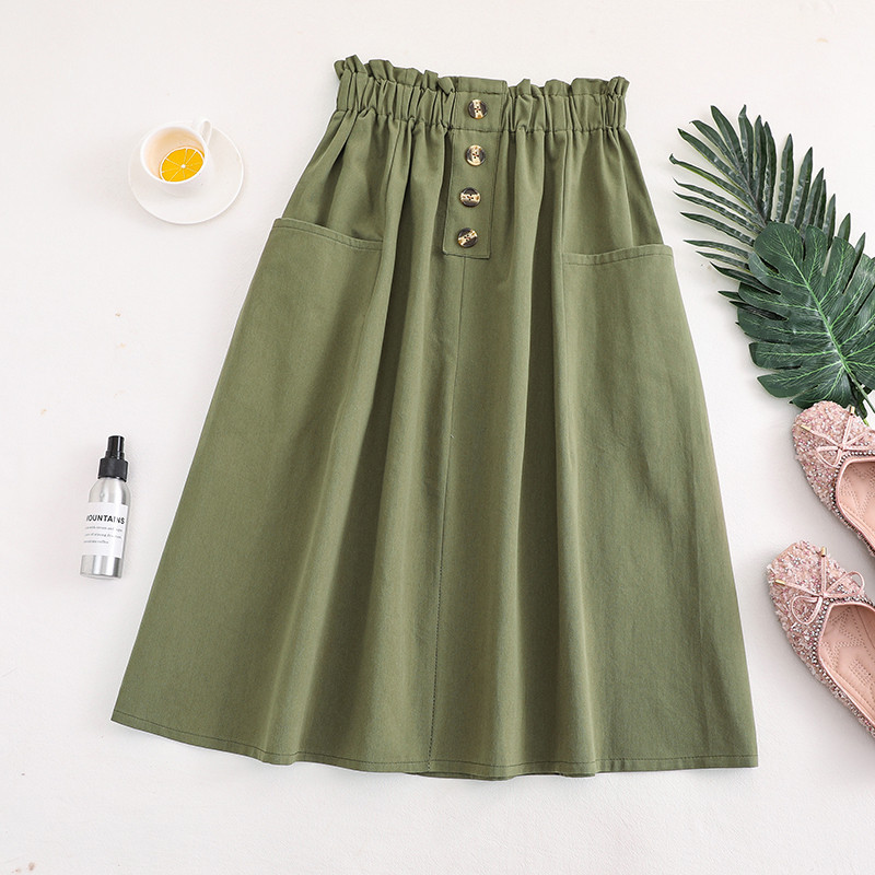 Spot Goods 2023 Summer High Waist Slimming Solid Color Pocket Skirt All-Matching Elastic Waistband Casual Mid-Length Skirt for Women