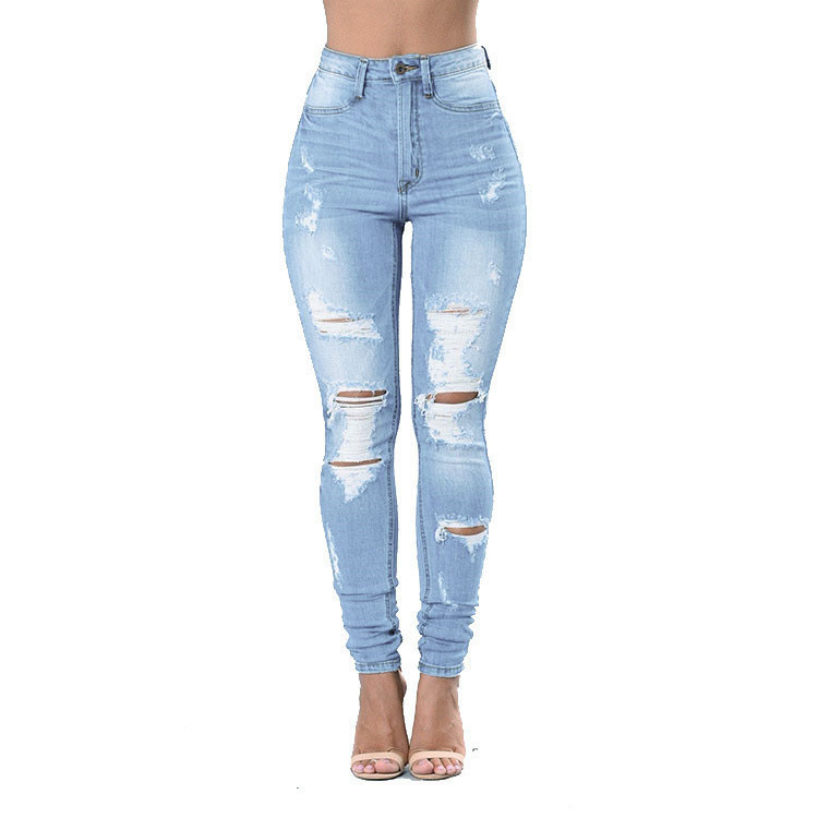   216# Foreign Trade Jeans European and American Amazon Ripped Ankle-Tied Trendy Elastic Skinny Slimming Beggar Jeans for Women