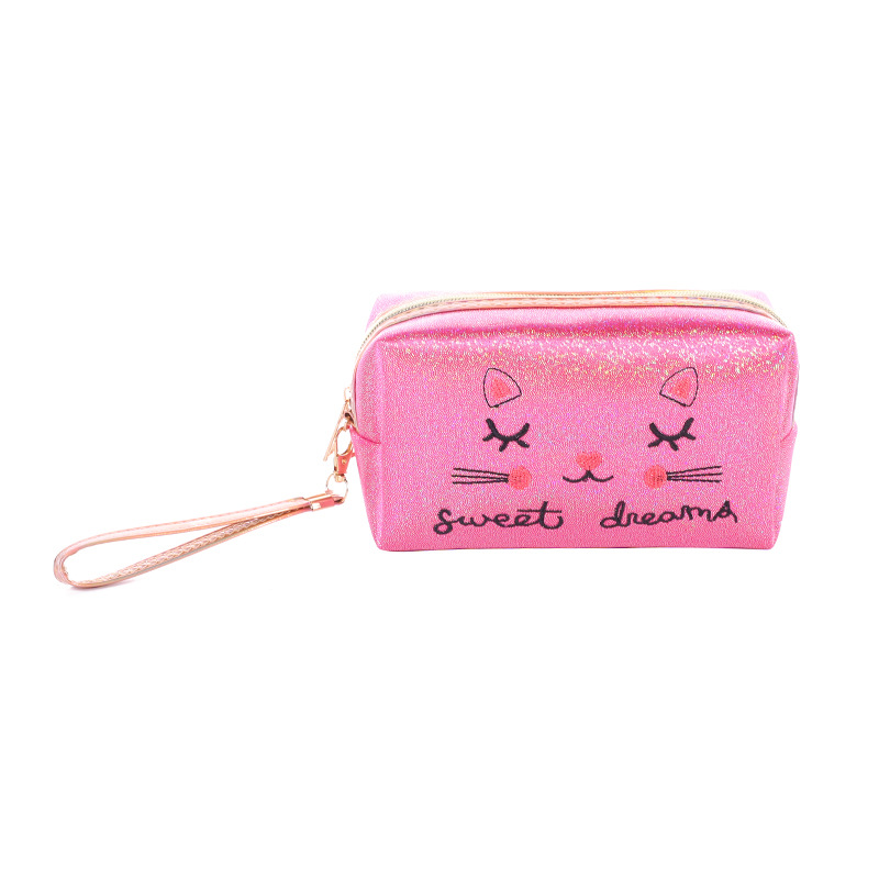 New Pu Laser Cosmetic Bag Letter Cat Embroidered Large Capacity Storage Wash Bag Factory Direct Customized Women's Bag