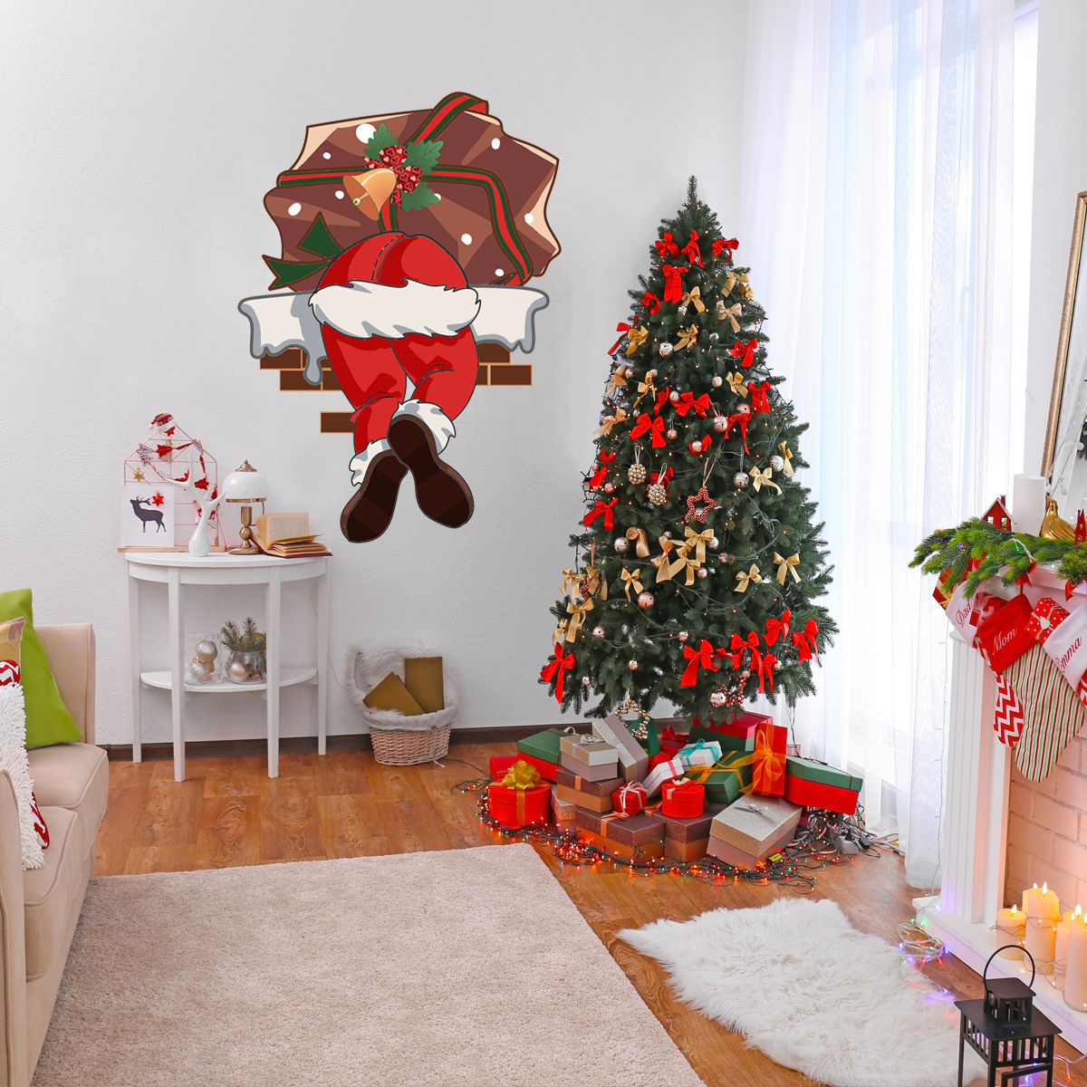 zsz3005圣诞节新款翻墙送礼物的圣诞老人墙贴纸 墙面装饰墙贴画