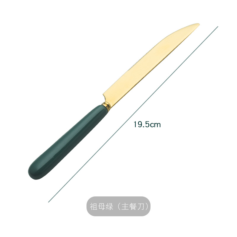 Nordic Creative Ceramic Stainless Steel Knife and Forks Coffee Spoon Moon Cake Knife and Fork Dark Green Fruit Fork Steak Knife, Fork and Spoon