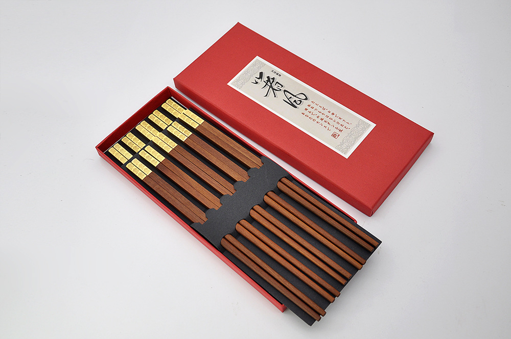 批发红檀木中华筷祥云雾金筷子礼品礼盒筷包边金头红木筷子