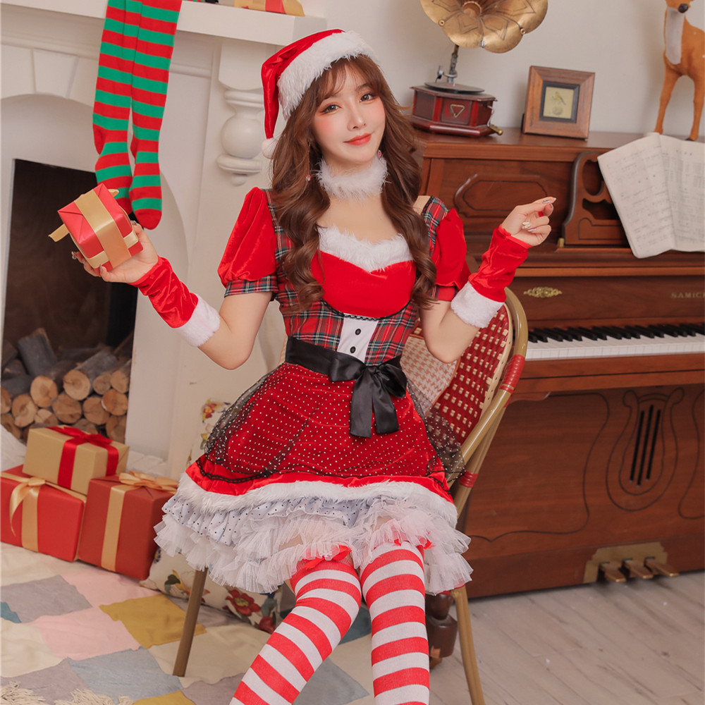 2020年新款红色波点圣诞节服装甜美圣诞裙圣诞洋装派对聚会写真服