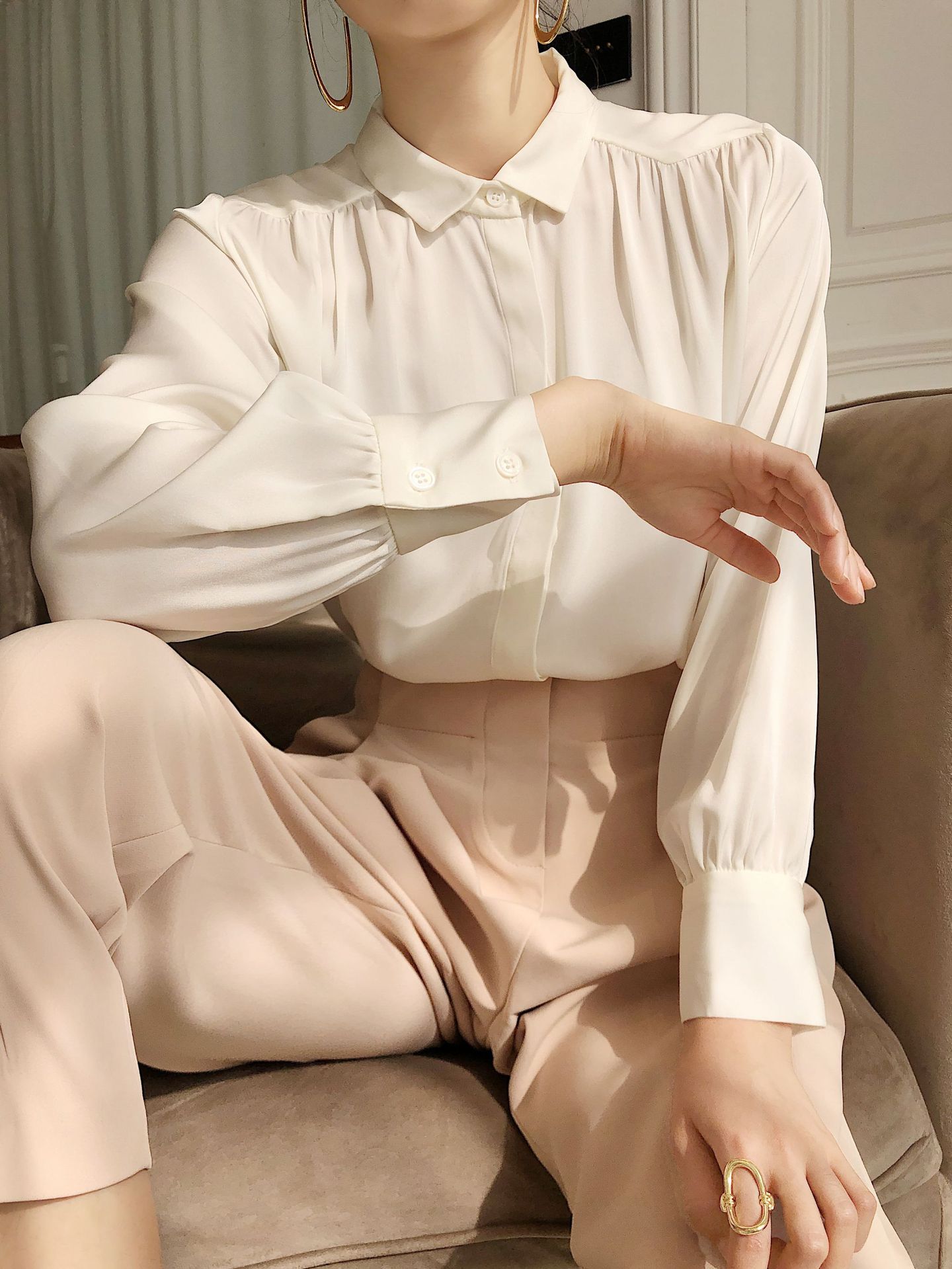 法式复古重磅真丝衬衫女2020早春新款长袖22姆米素绉缎桑蚕丝衬衣