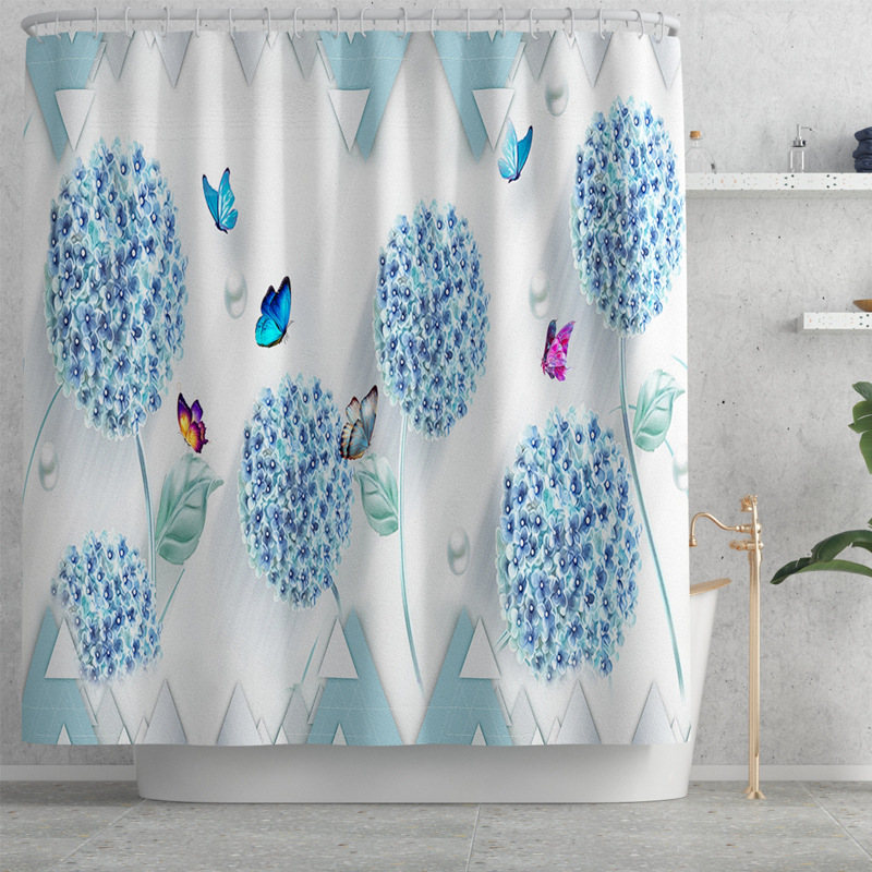 Cross-Border Butterfly Hydrangea Shower Curtain Carpet Four-Piece Bathroom Non-Slip Mat Set Amazon One Piece Dropshipping