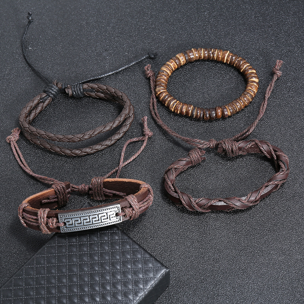 欧美跨境爆款货源diy牛皮套装手链手工编织男士皮革手绳多层手环