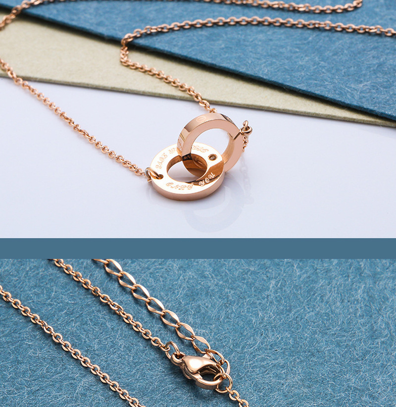 钛钢钻石项链 时尚气质双环镶钻玫瑰金女款锁骨链饰品批发