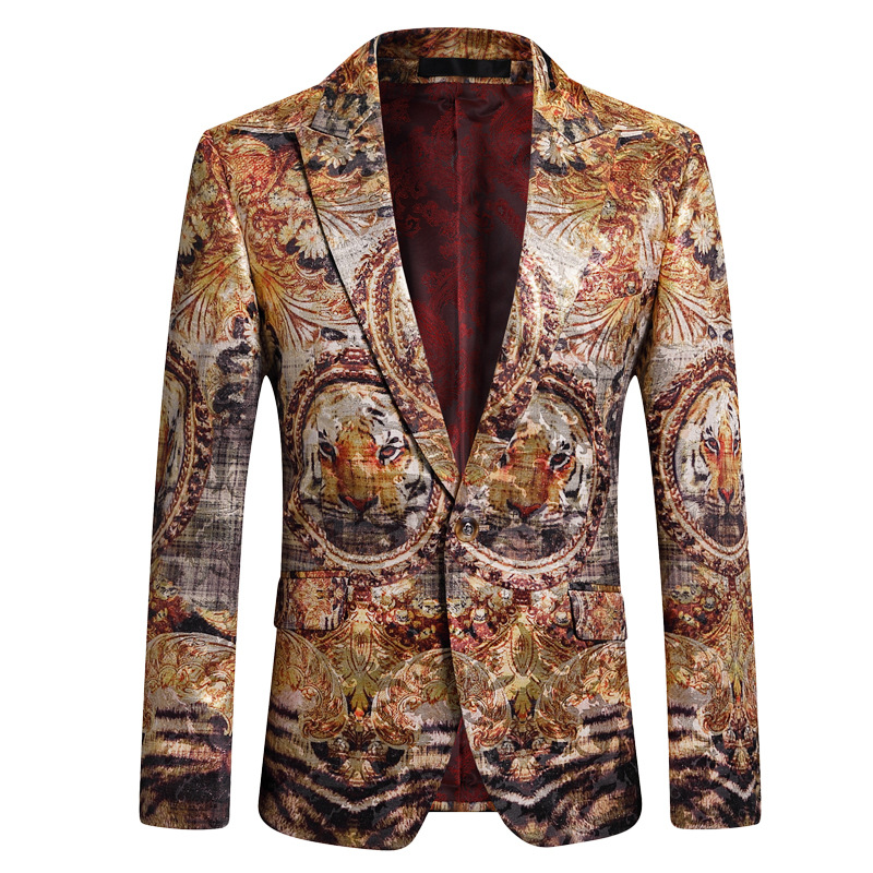 跨境|男士金丝提花西装单件虎头图案主持人演出服宴会礼服潮