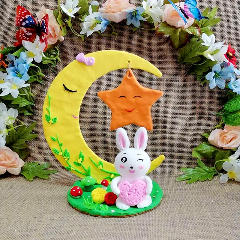 月亮兔子粘土板扇子摆件手工制作diy材料包手表雪糕木质白胚批发