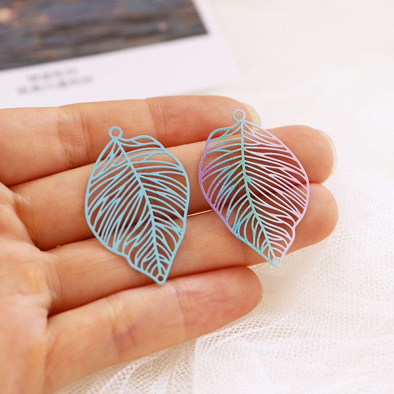 渐变彩虹色合金喷漆薄片树叶双吊挂件diy手工饰品耳饰材料