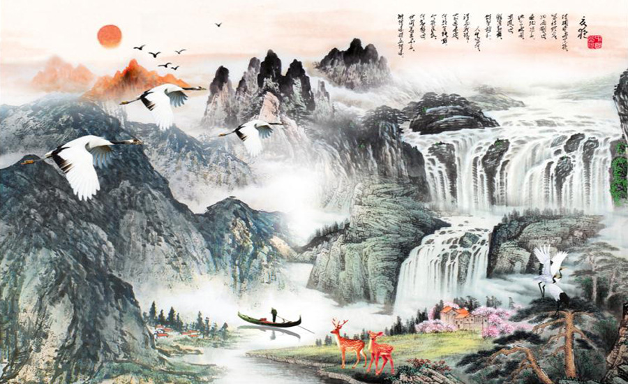 山水画仙鹤麋鹿渔民船夫流水风景钻石画