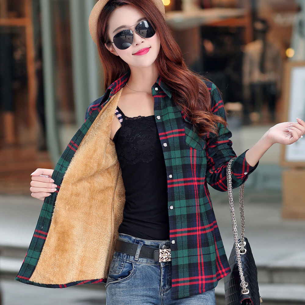 加绒加厚衬衫棉质秋冬韩版格子外套女衬衣保暖女装大码修身打底衫