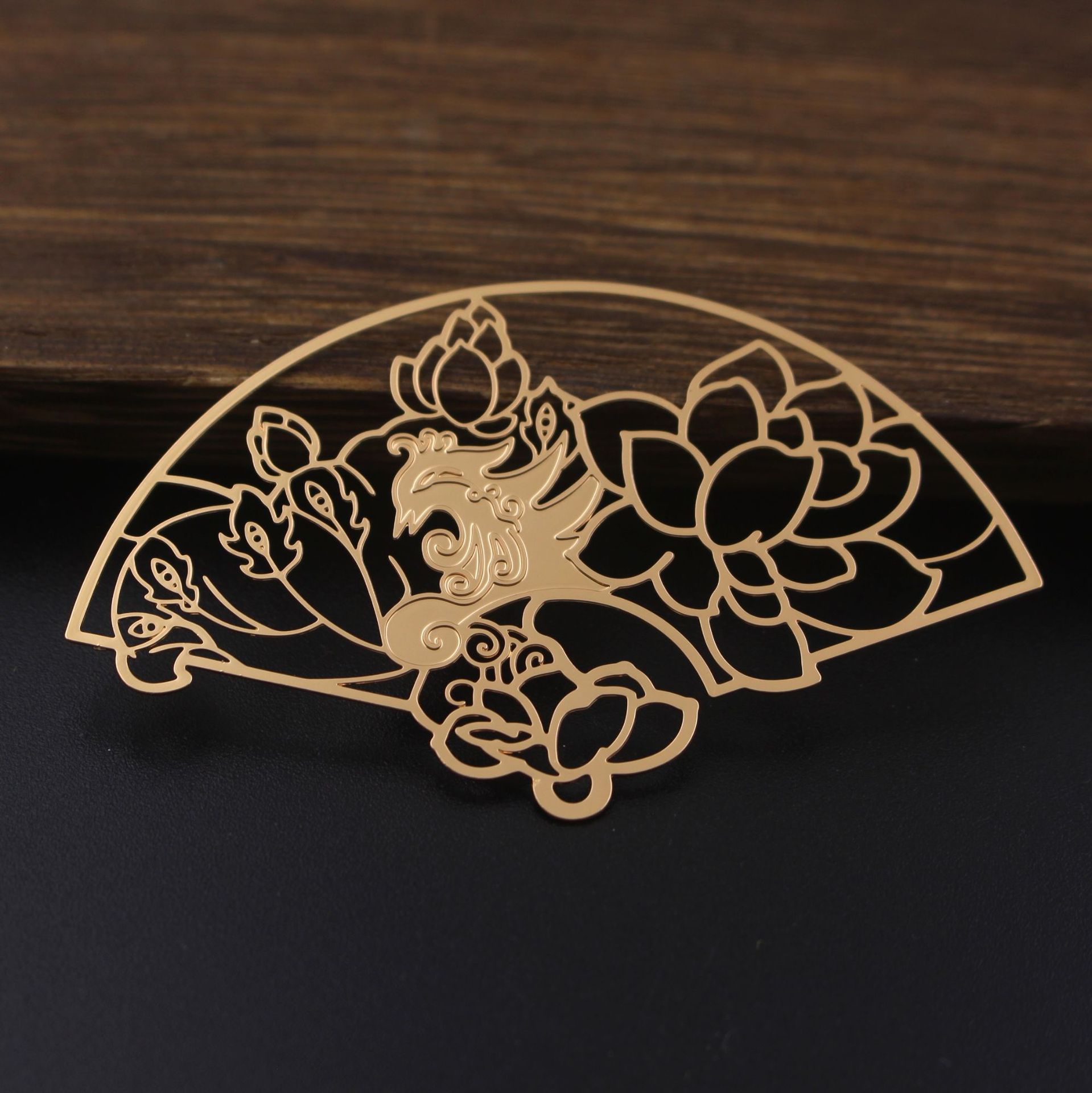 古风书签金色荷花铜片 扇形书签镂空流苏黄铜礼品古典中国风