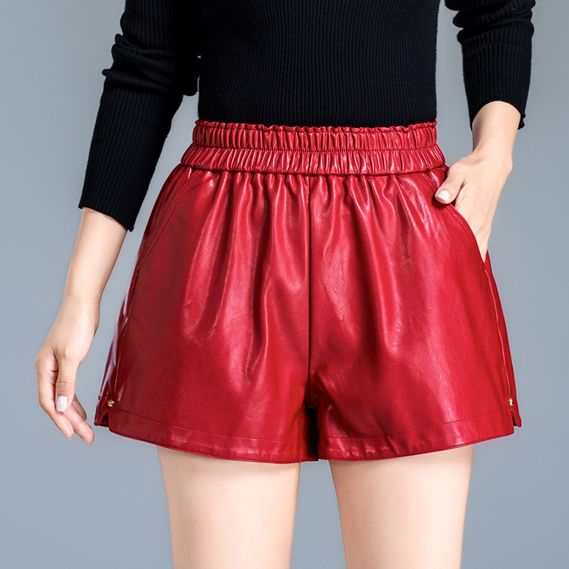 海宁松紧腰真皮短裤子女绵羊皮高腰皮裤大码红色阔腿裤垂感高级感