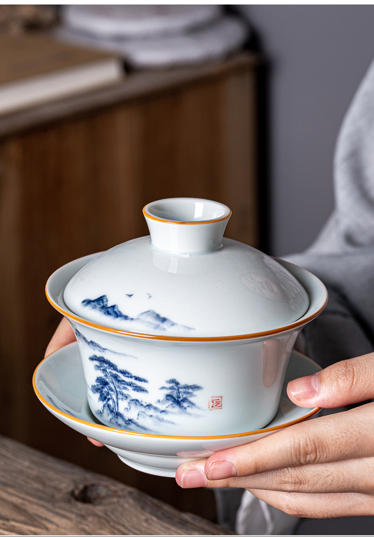 工厂直销300ml大盖碗 三才手绘陶瓷泡茶碗茶杯敬茶碗批发定制logo