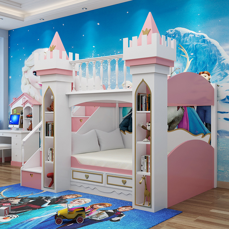 实木公主床少女梦幻城堡女孩粉色儿童床上下双层床别墅床幼儿园床