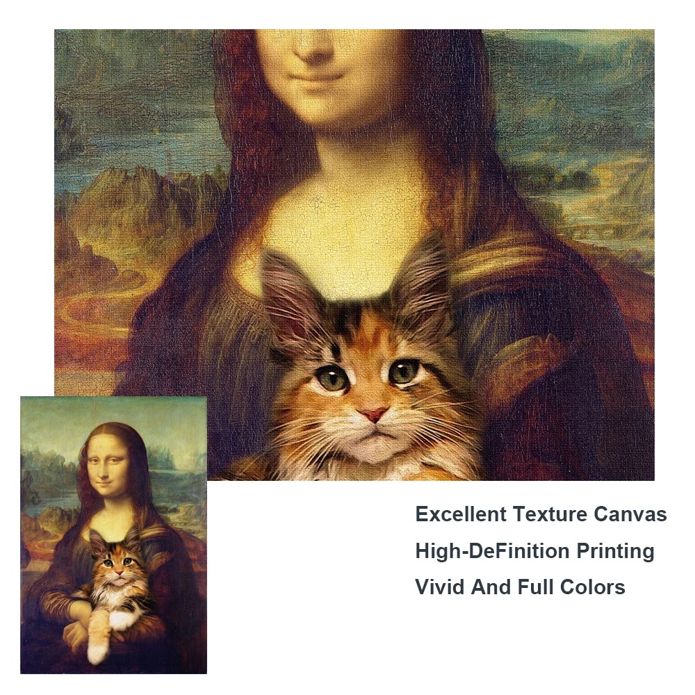 梦娜丽莎抱着猫咪艺术创意帆布画外贸速卖通批发销售来图定制