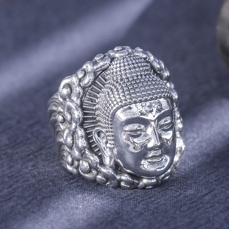 s999足银阿弥陀佛戒指足银复古亚光大日如来佛祖男女士佛头戒子