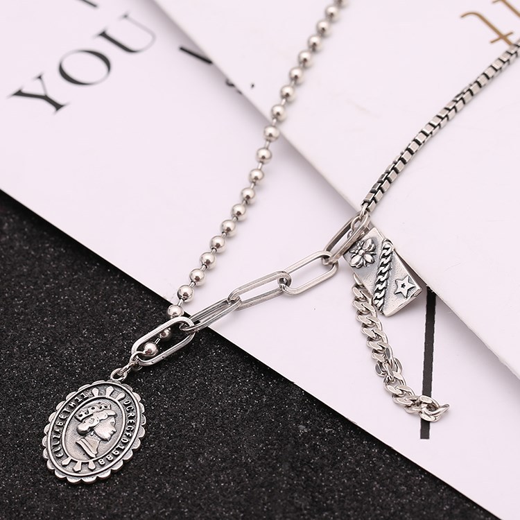 s925纯银伊丽莎白女王头吊坠女士银圆珠链 人物头像 吊坠项链包邮