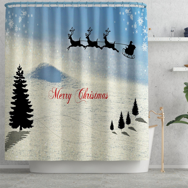 Exclusive for Cross-Border Christmas Element Printing Toilet Floor Mat Four-Piece Snow Christmas Tree Waterproof Shower Curtain DIY Pattern