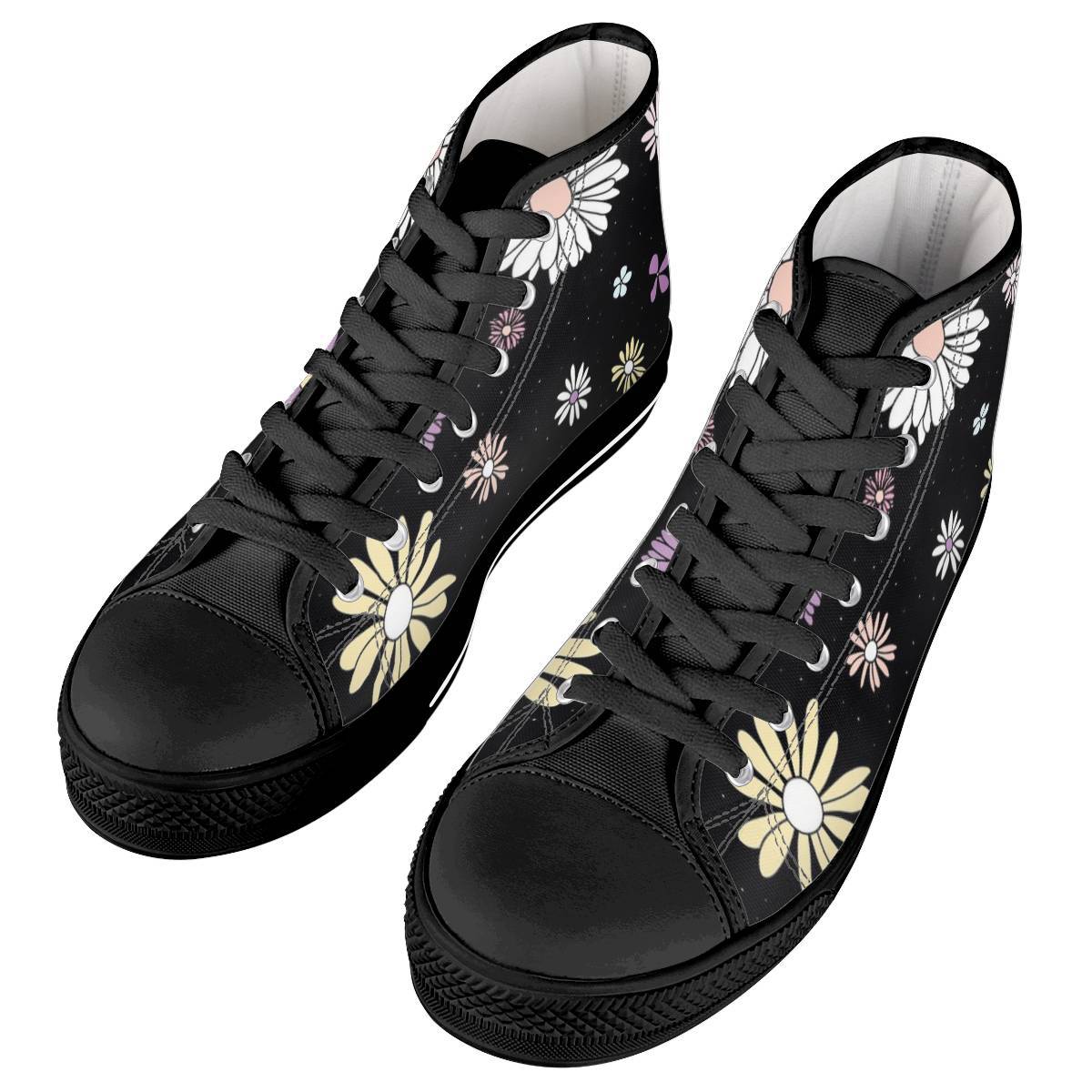 一件logo彩绘花朵黑底高帮女士帆布鞋高帮男鞋休闲鞋印花女鞋跨境