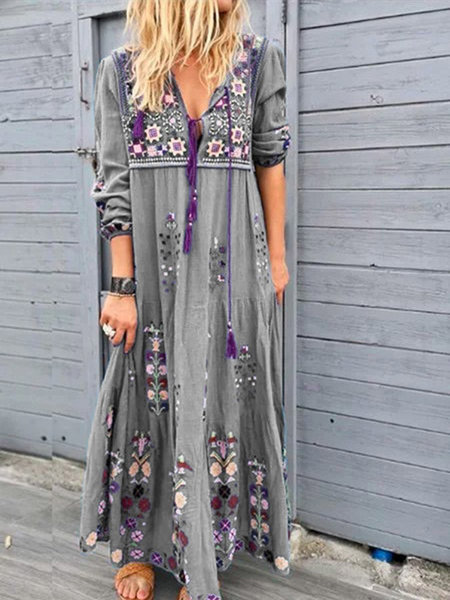 2022 European and American New Women's Clothes Bohemian Positioning Printing Patchwork Long Dress Fashion Drawstring Long Sleeve Dress