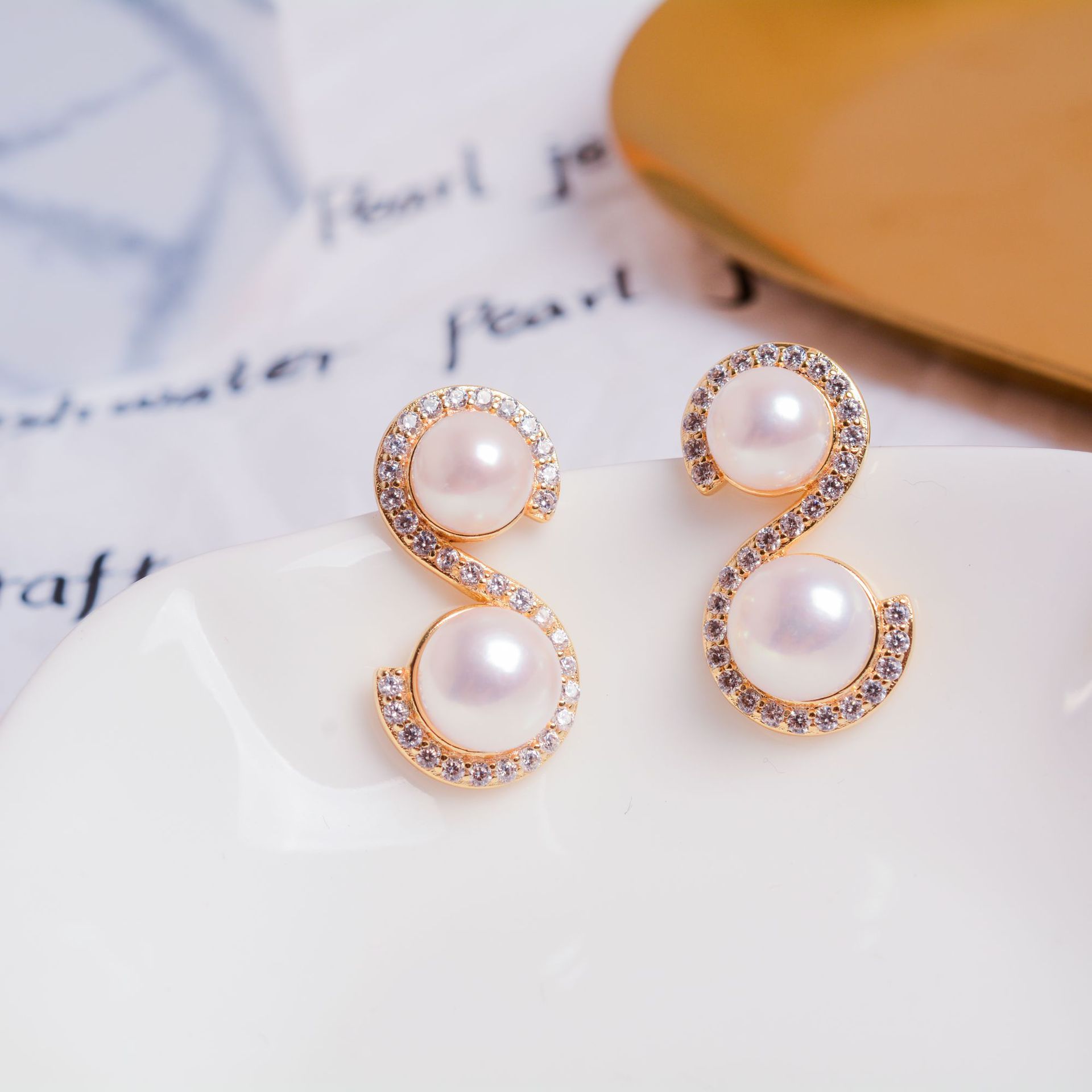 高级感s形双珠天然淡水珍珠耳环轻奢s925耳针14k注金锆石耳钉个性