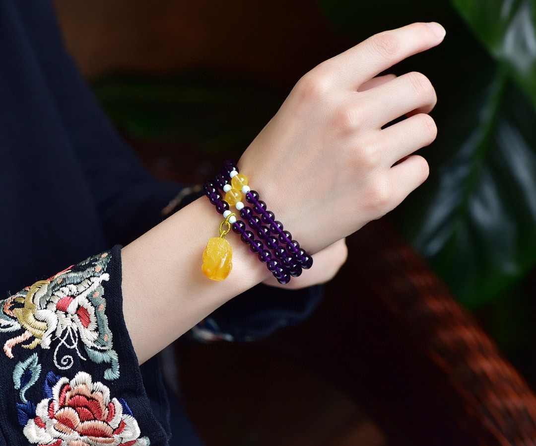 原创天然巴西紫水晶6.3mm佛珠手链一款两用送女友闺蜜优选礼物