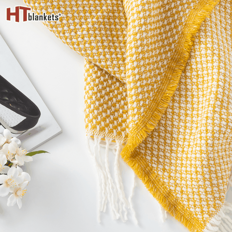 Yellow and White Stitching Cover Blanket Knitted Tassel Sofa Blanket Cover Blanket Air Conditioning Blanket Model Room Designer Model Hengtai Blanket