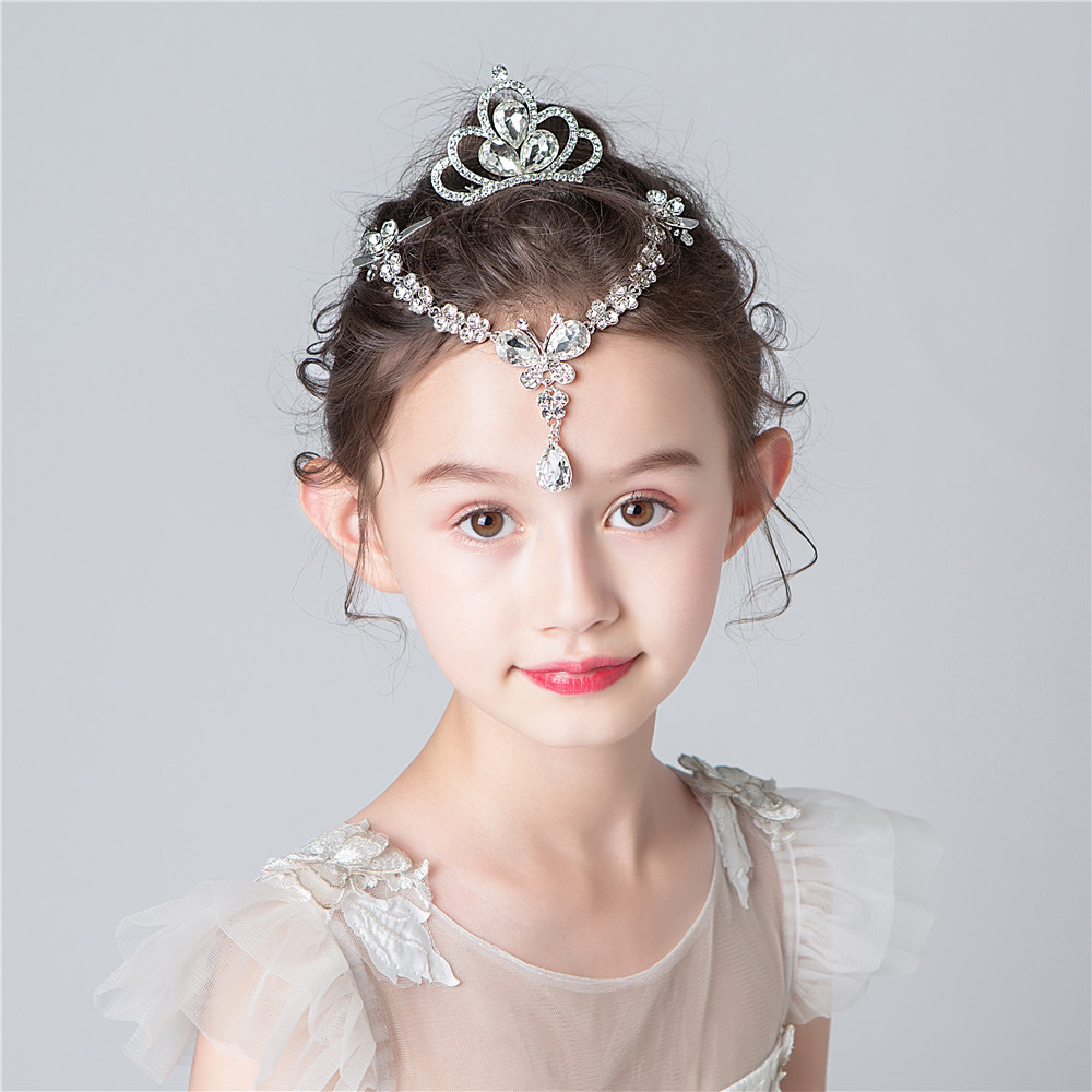 儿童皇冠头饰 女童水晶银色公主链盘发头饰 表演生日晚会主持头饰