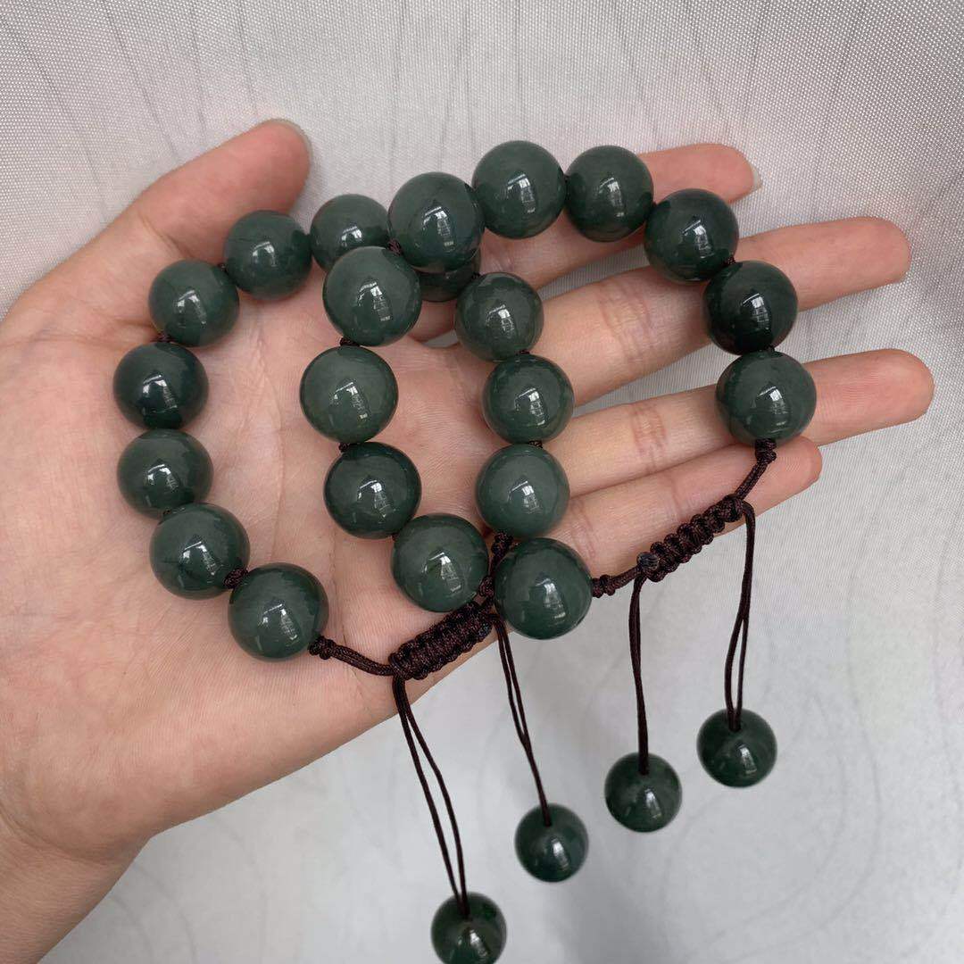 缅甸翡翠玉油青珠子手链手工编织翡翠 珠子情侣款简约手饰送证书