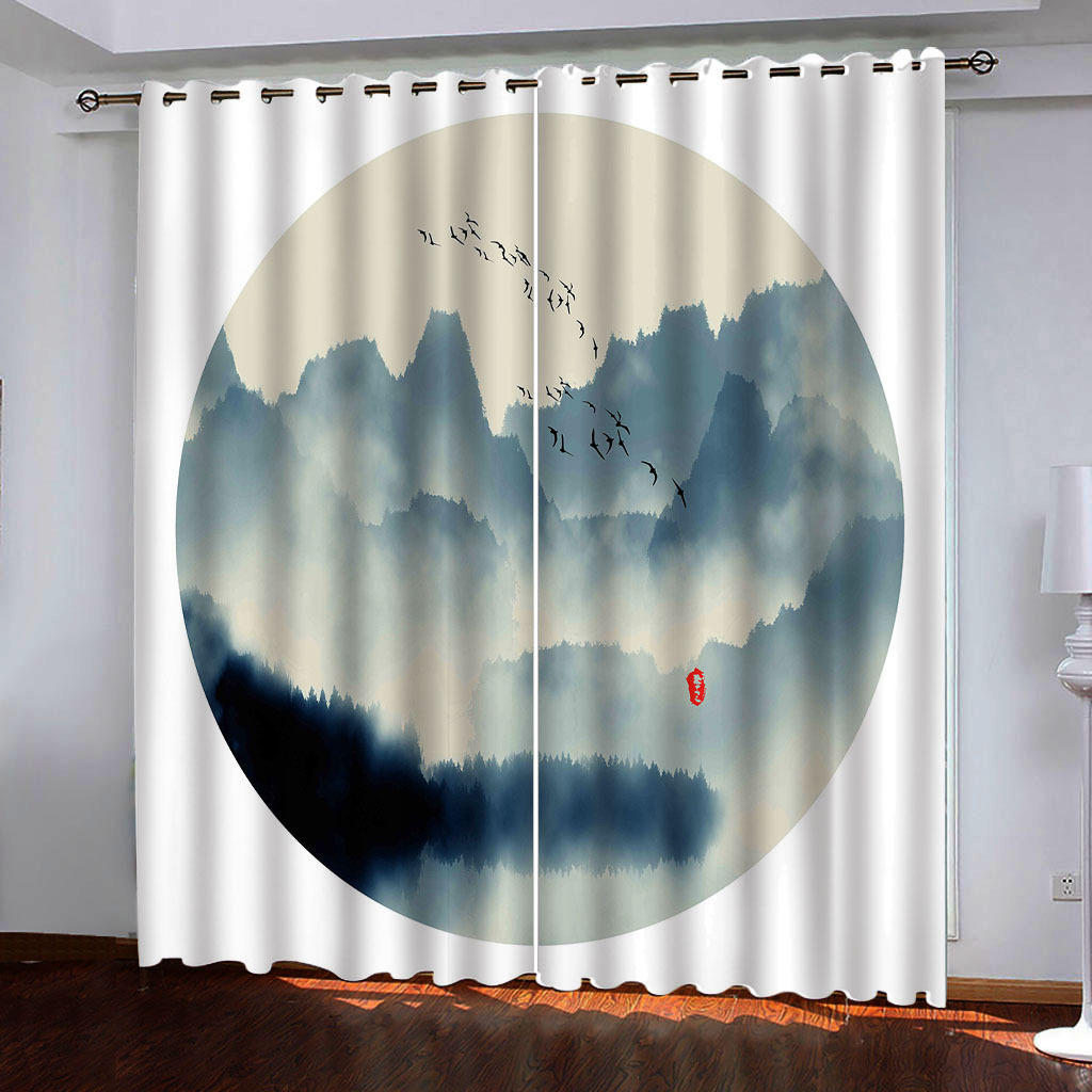 古风手绘山水墨画成品窗帘 简约数码打印高遮光保暖窗帘酒店