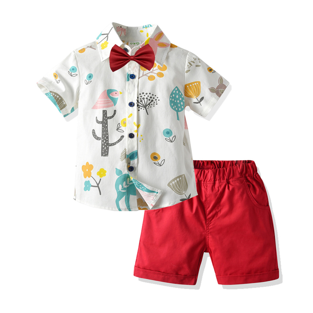 跨境儿童纯棉短袖树叶衬衫短裤领节三件中小男童夏季沙滩度假套装