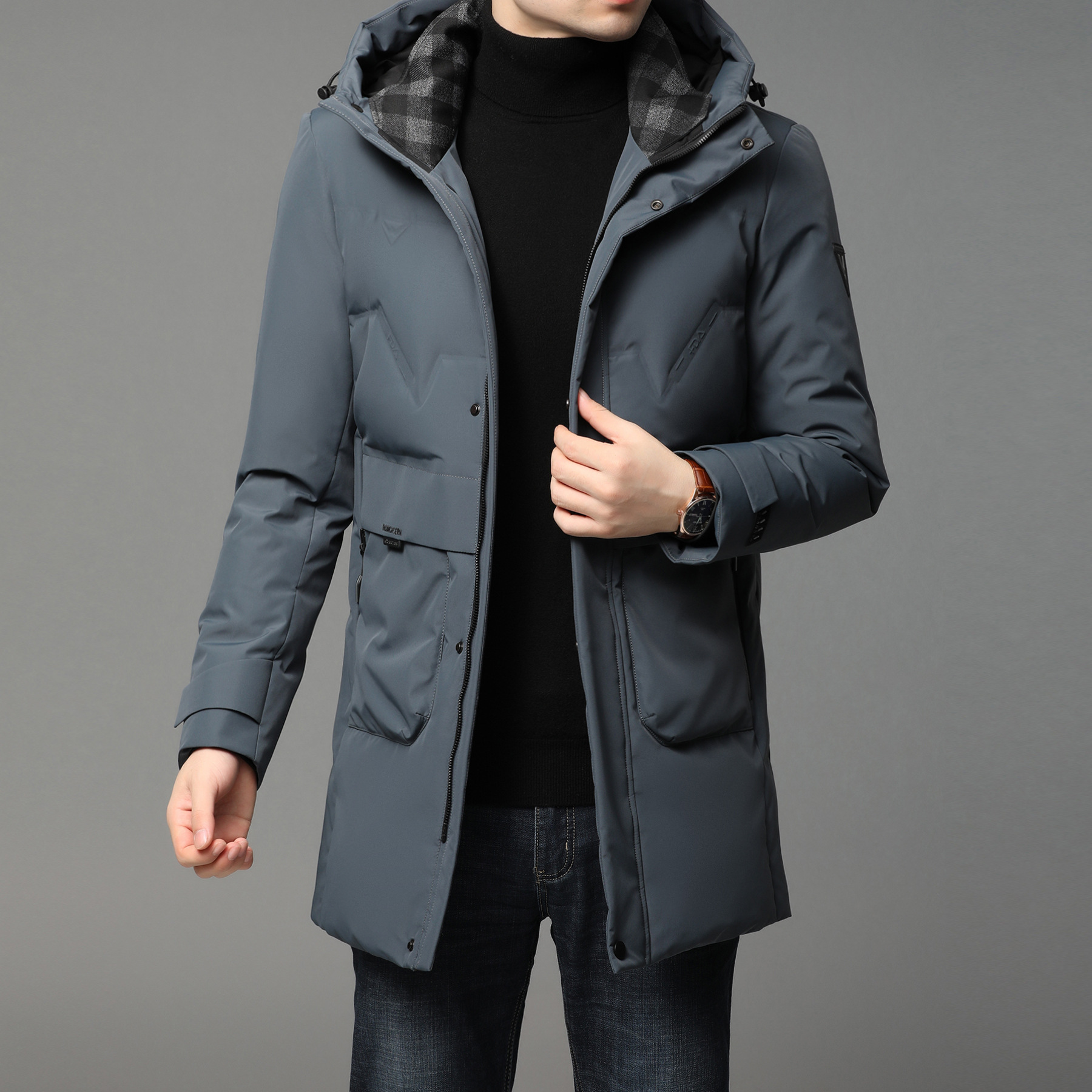 羽绒服男士中长款2020冬季新款连帽休闲加厚中年爸爸装外套白鸭绒