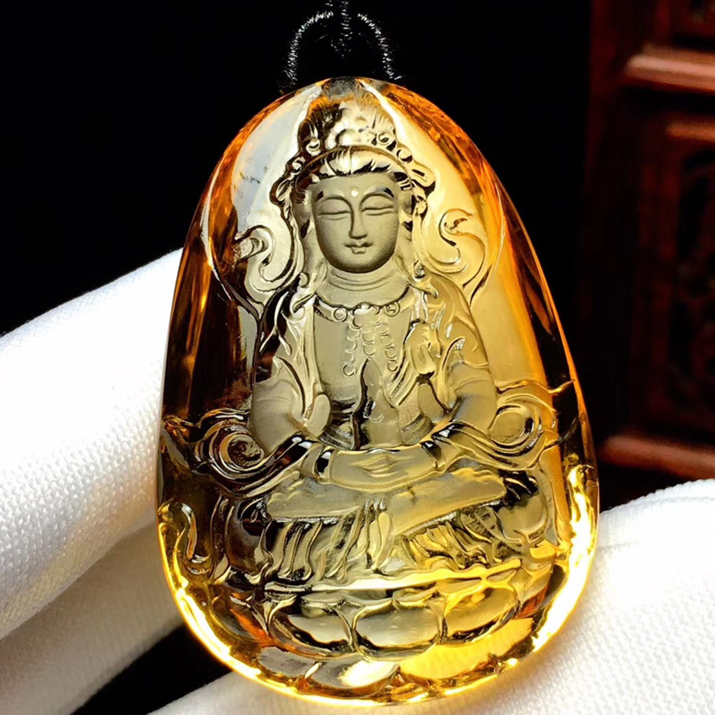 天然巴西黄水晶观音吊坠晶体纯净水透黄水晶观音裸石水滴吊坠
