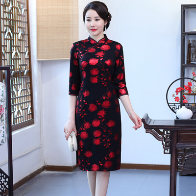 n06秋季旗袍女中长款七分袖2020新款40中年50岁女装妈妈装祺袍裙