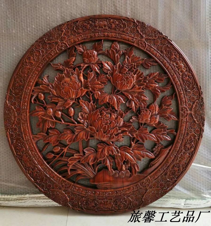 东阳木雕 80公分富贵牡丹m-04004圆形手工镂空雕花挂件 厂家直销