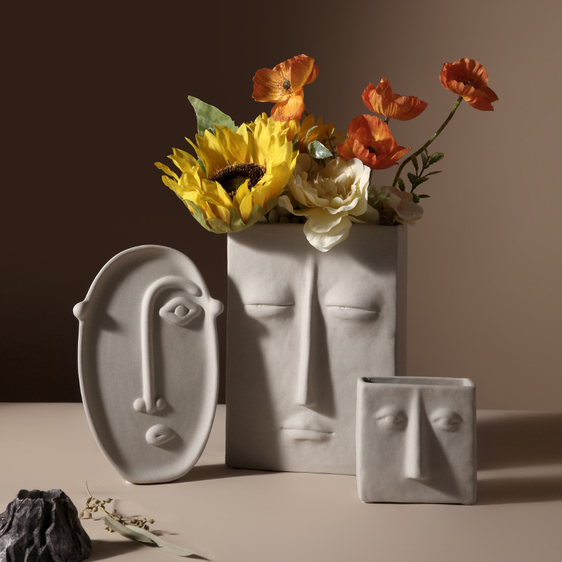 Nordic Ins Creative Ceramic Plain Embryo Vase Emulational Flower Decoration Art Face Living Room Home Soft Decor