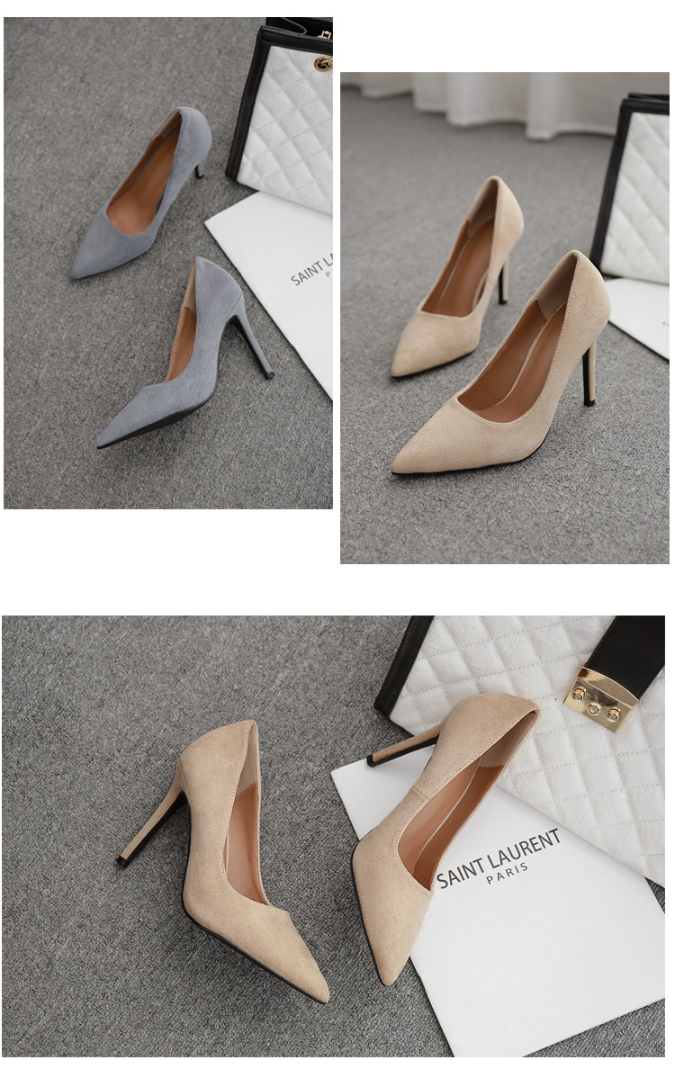 6cm 8cm 10cm高跟鞋女细跟尖头工作鞋绒面黑色职业浅口单鞋潮