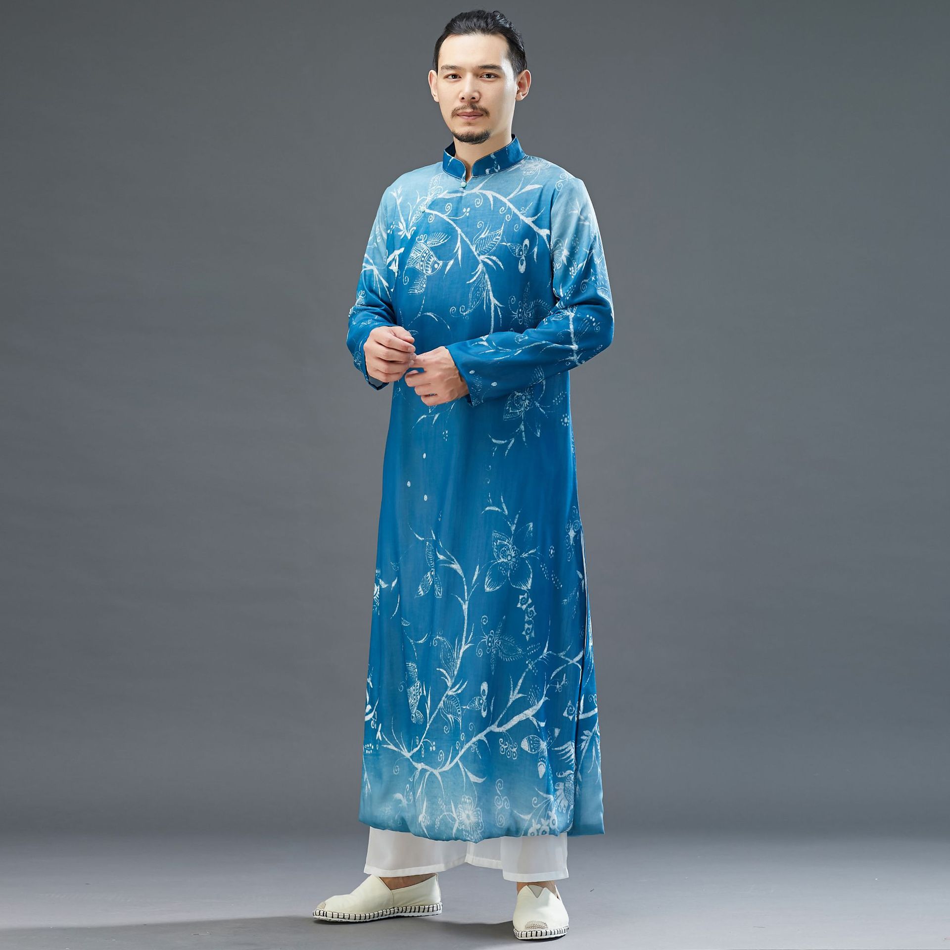 2022新品蓝染长袍印染中国风男式改良汉服蓝色立领长袖长衫