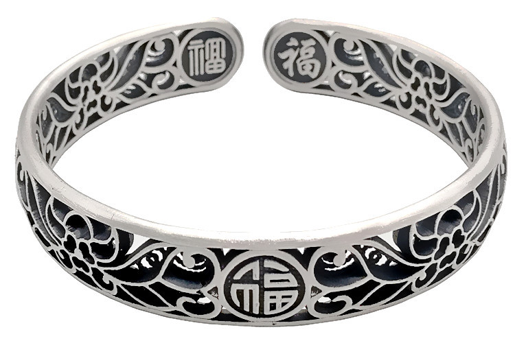 简约创意民族风花纹福字手镯女泰银复古镂空花朵手镯妈妈开口镯子