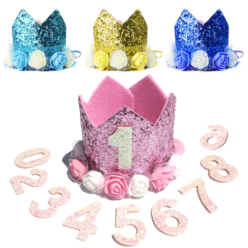 宝宝生日周岁帽子仿真花生日数字皇冠diy数字定制儿童头饰生日帽