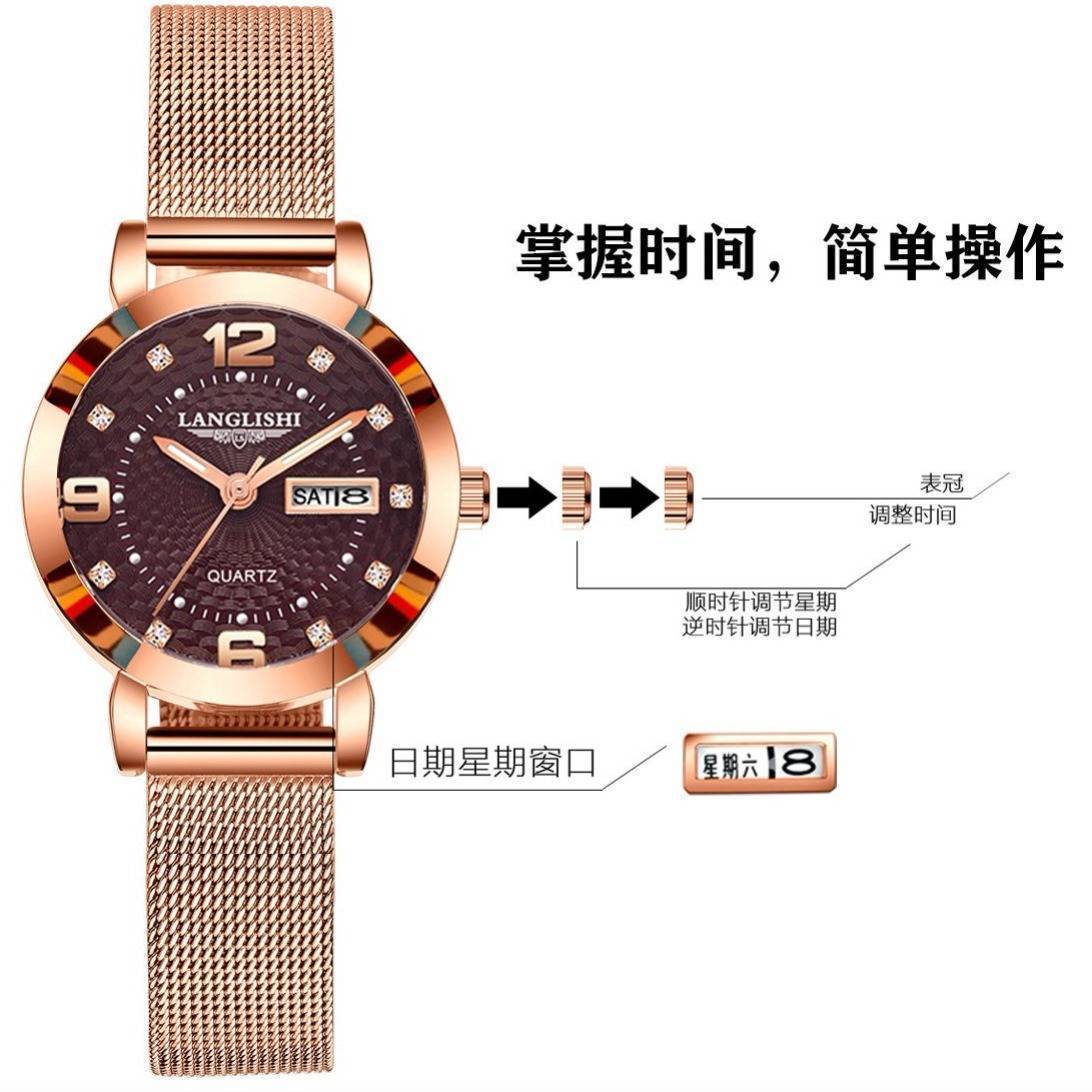 Luminous Waterproof Women's Watch Female Student Korean Fashion Trend Automatic Double Calendar Quartz Watch Ins Ultra-Thin