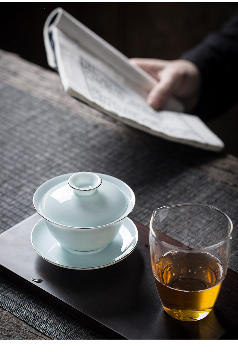 宁暄影青瓷三才茶杯盖碗泡茶碗单个功夫茶具景德镇陶瓷茶盏 描银