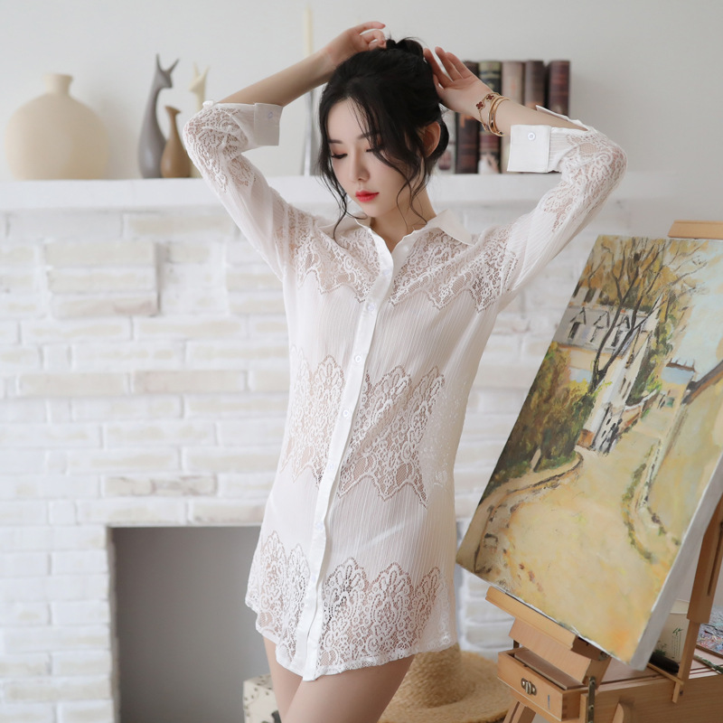 以妮 性感镂空透视衬衫女火辣制服诱惑衬衫情趣透视大码情趣内衣