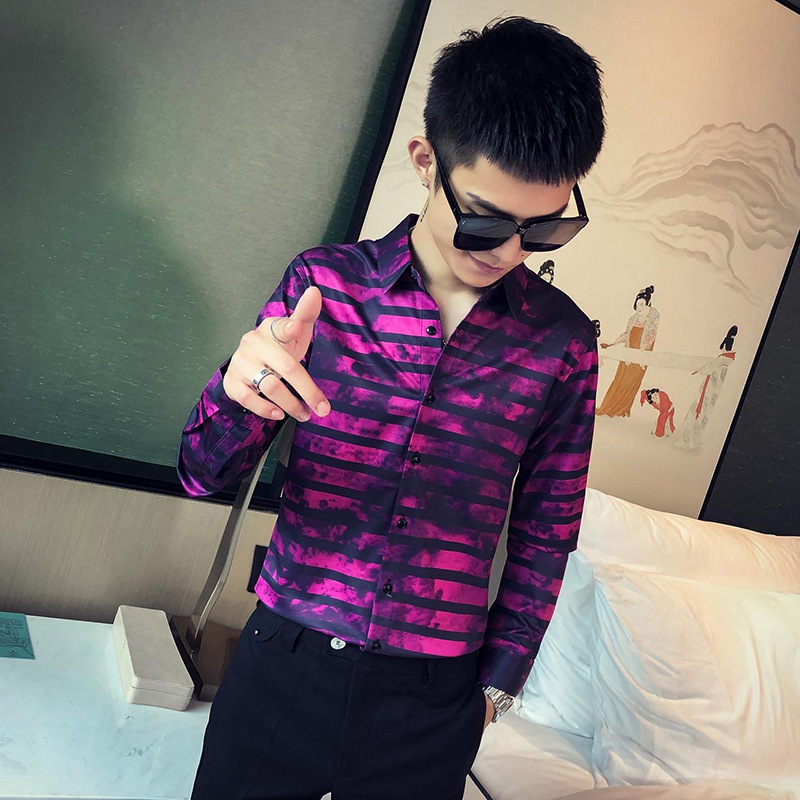 c314-h278p55/社会小伙2020秋季型男条纹衬衫花衬衣精神靓仔装