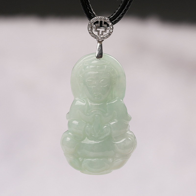 中国风翡翠观音吊坠 男女款天然a货糯种观音玉坠s925银扣锁骨项链