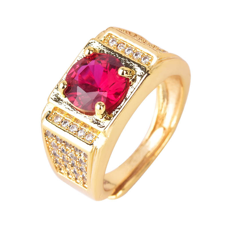 直播货源霸气男士开口戒指 镶嵌红宝石镀18k黄金色微镶男戒